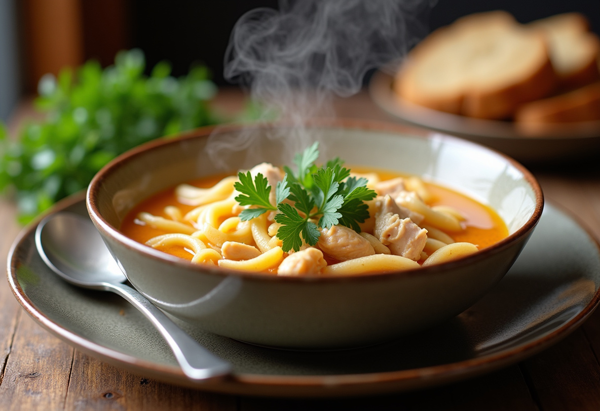 Finished Homemade Chicken Noodle Soup with fresh parsley garnish, ready to serve.
