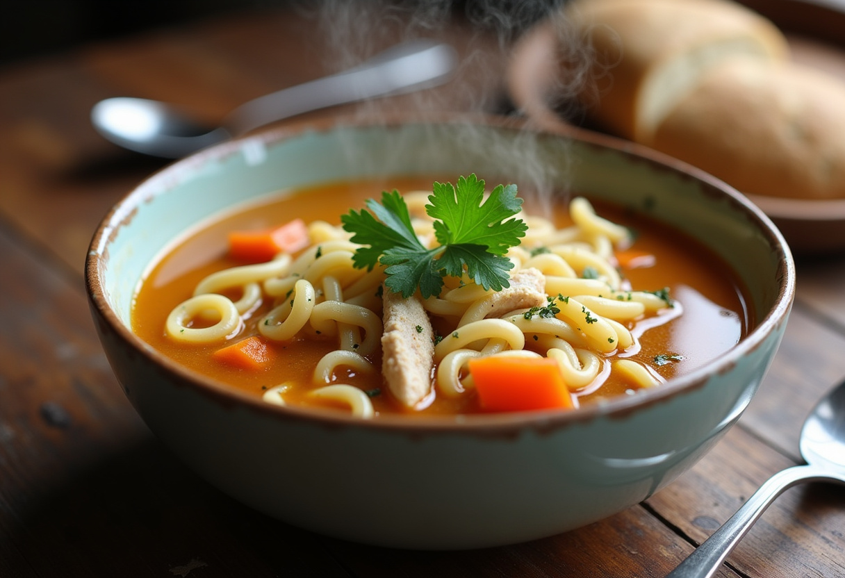 Homemade Chicken Noodle Soup 8 Finished Homemade Chicken Noodle Soup with fresh parsley garnish, ready to serve.