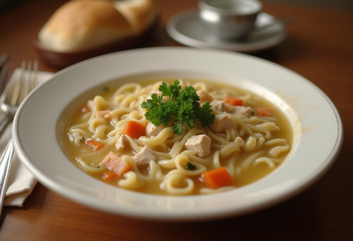 Finished Homemade Chicken Noodle Soup with fresh parsley garnish, ready to serve.