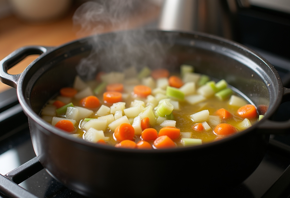 Homemade Chicken Noodle Soup Recipe 9 Chopped onions, carrots, and celery sautéing in a pot for Homemade Chicken Noodle Soup