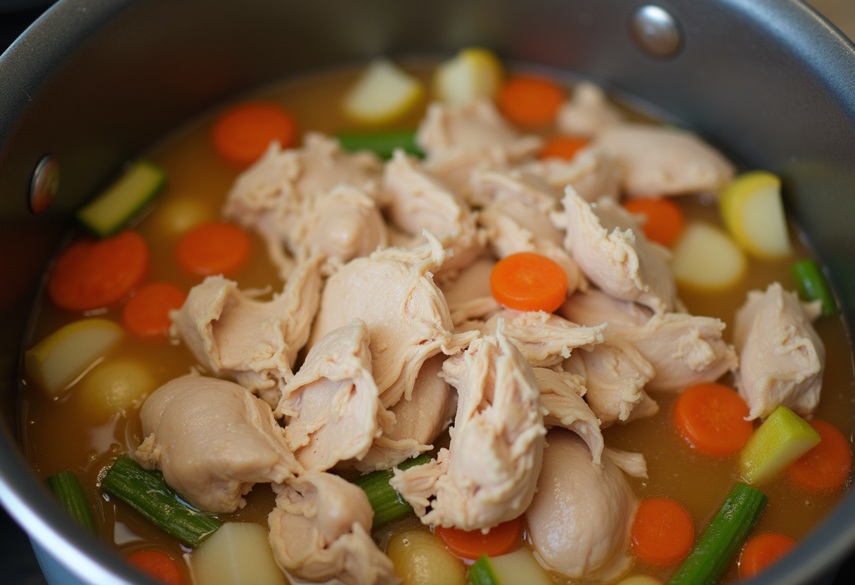 Homemade Chicken Noodle Soup Recipe 11 Shredded chicken added to the simmering broth for Homemade Chicken Noodle Soup