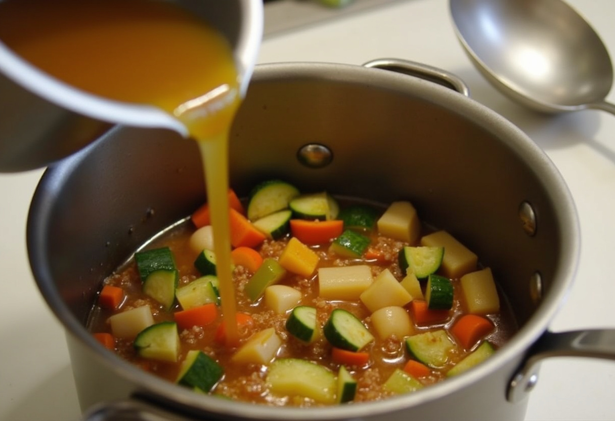 Homemade Chicken Noodle Soup 10 Chicken broth added to sautéed vegetables for Homemade Chicken Noodle Soup.