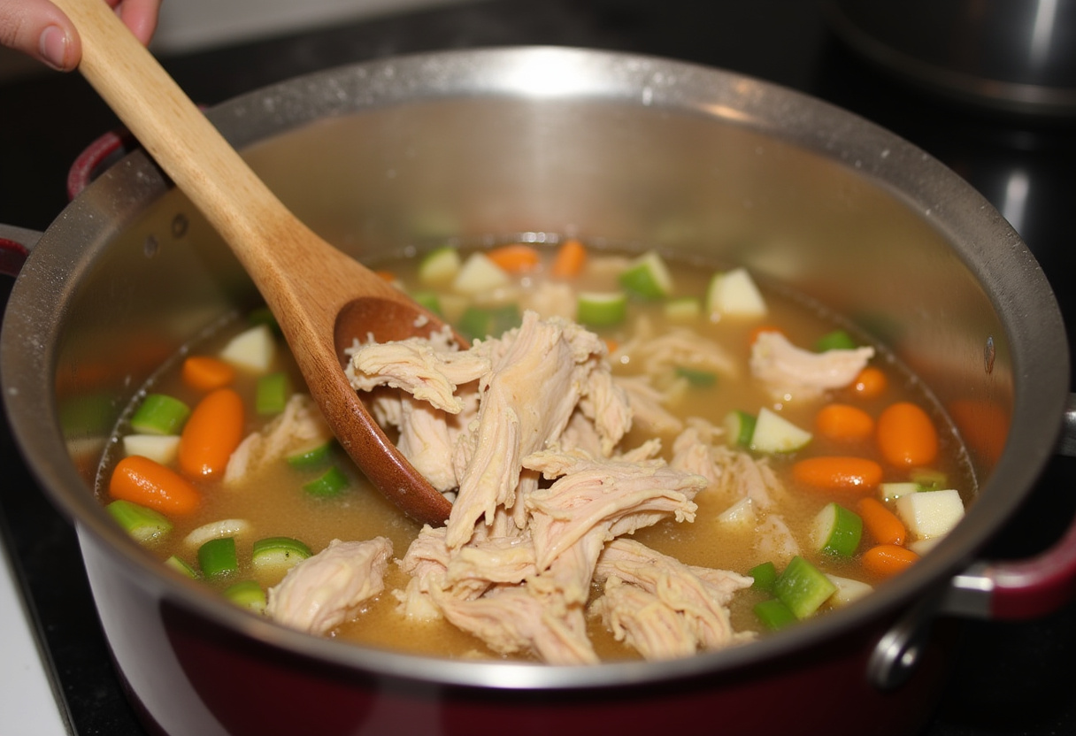 Homemade Chicken Noodle Soup 11 Shredded chicken added to simmering broth for Homemade Chicken Noodle Soup.
