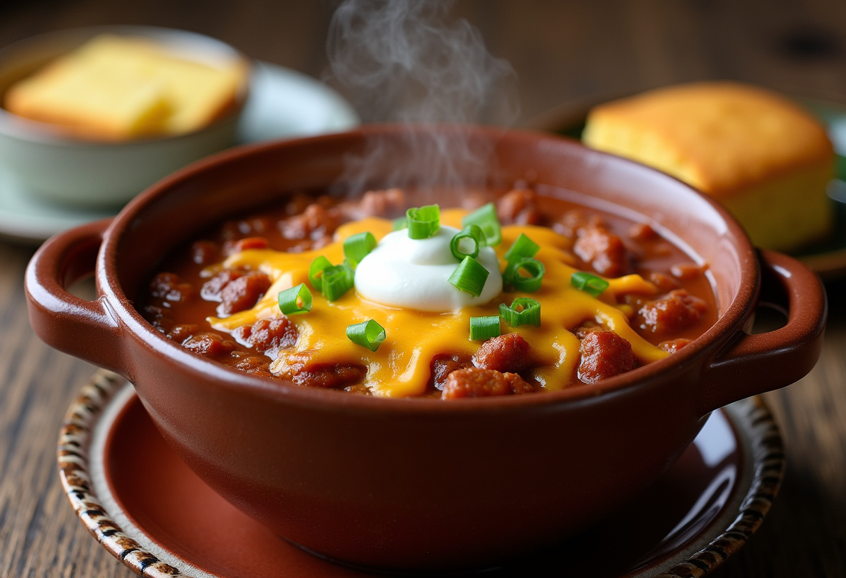 Finished homemade chili with toppings, served with cornbread for a comforting meal.