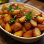 Delicious Honey Bacon Roasted Potatoes garnished with parsley, ready to serve.