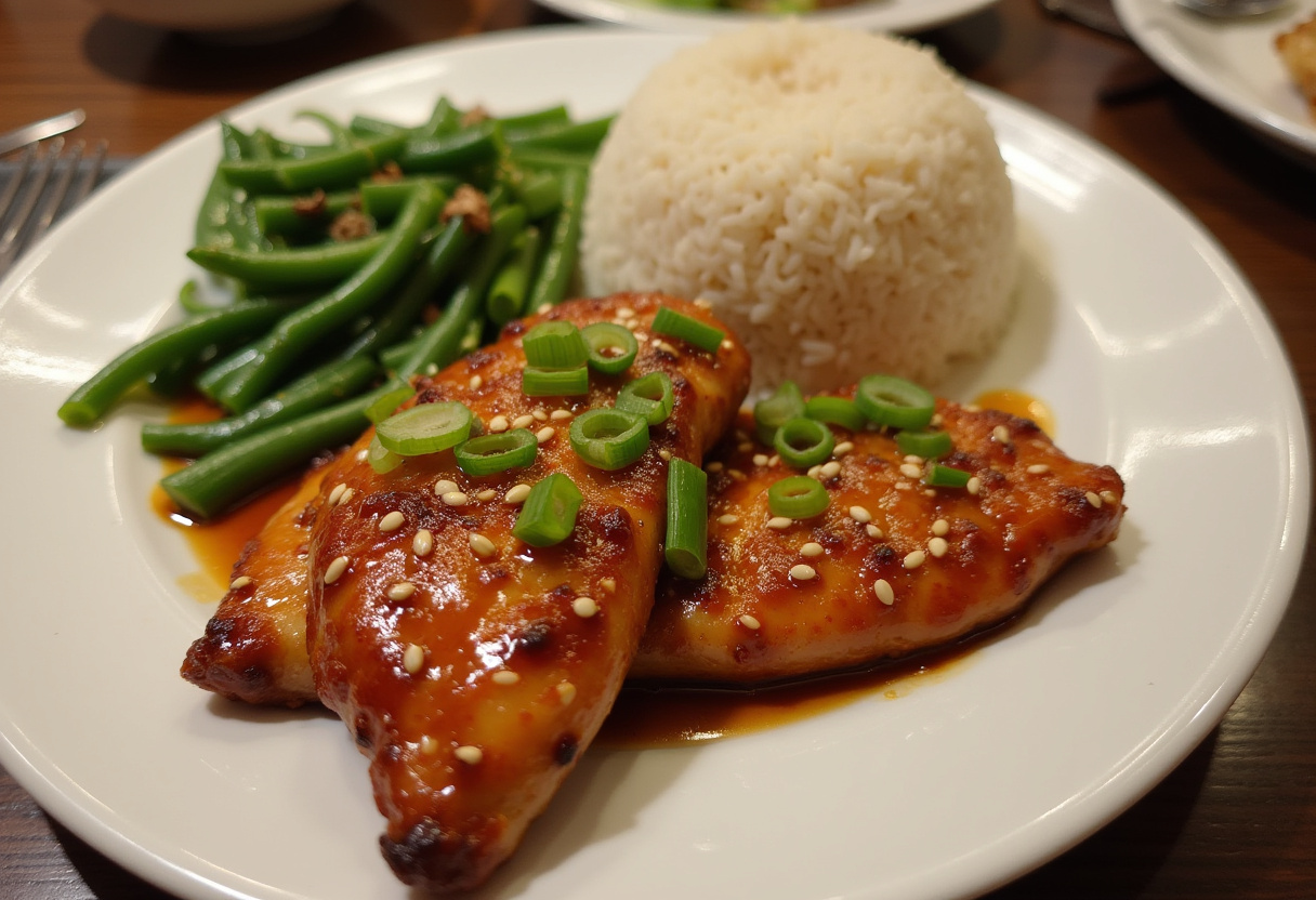 Finished Honey Garlic Chicken Breasts with sesame seeds and green onions, served with rice and vegetables.