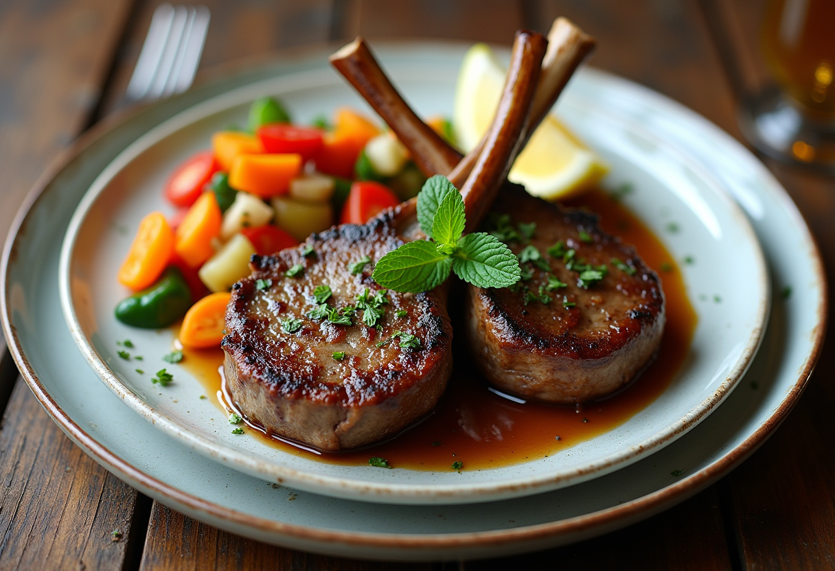 Delicious Lamb Chops with Mint and a Twist served with vegetables.