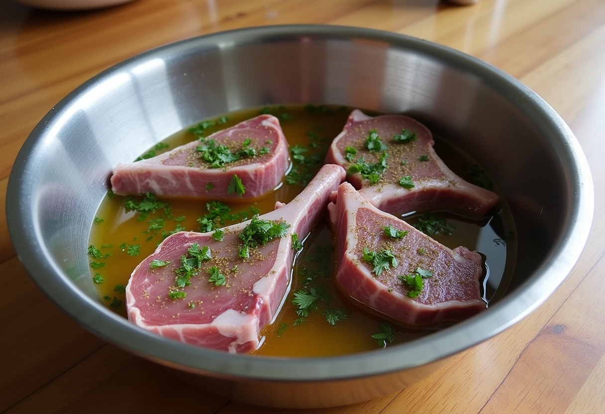 Lamb chops marinating in mint and garlic for a delicious dinner.