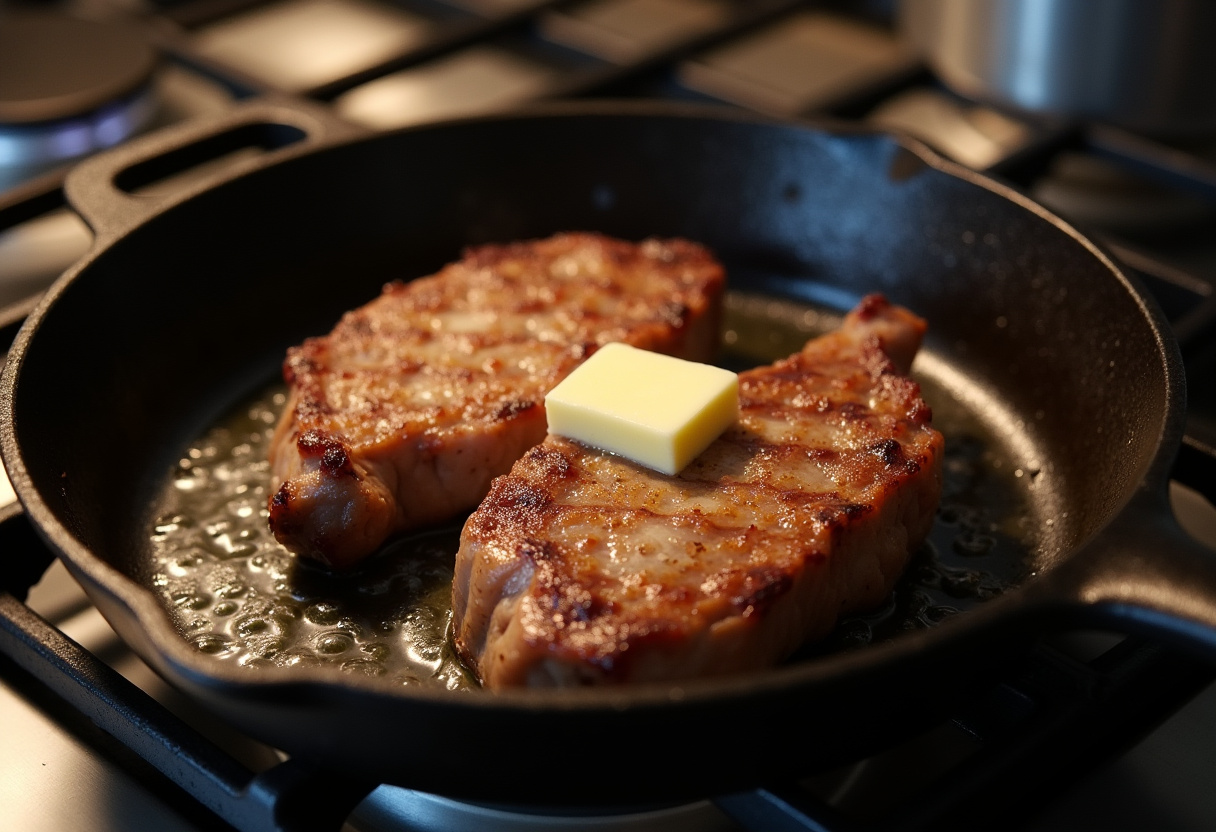 Cast iron skillet heating up with butter for searing flavorful lamb chops.
