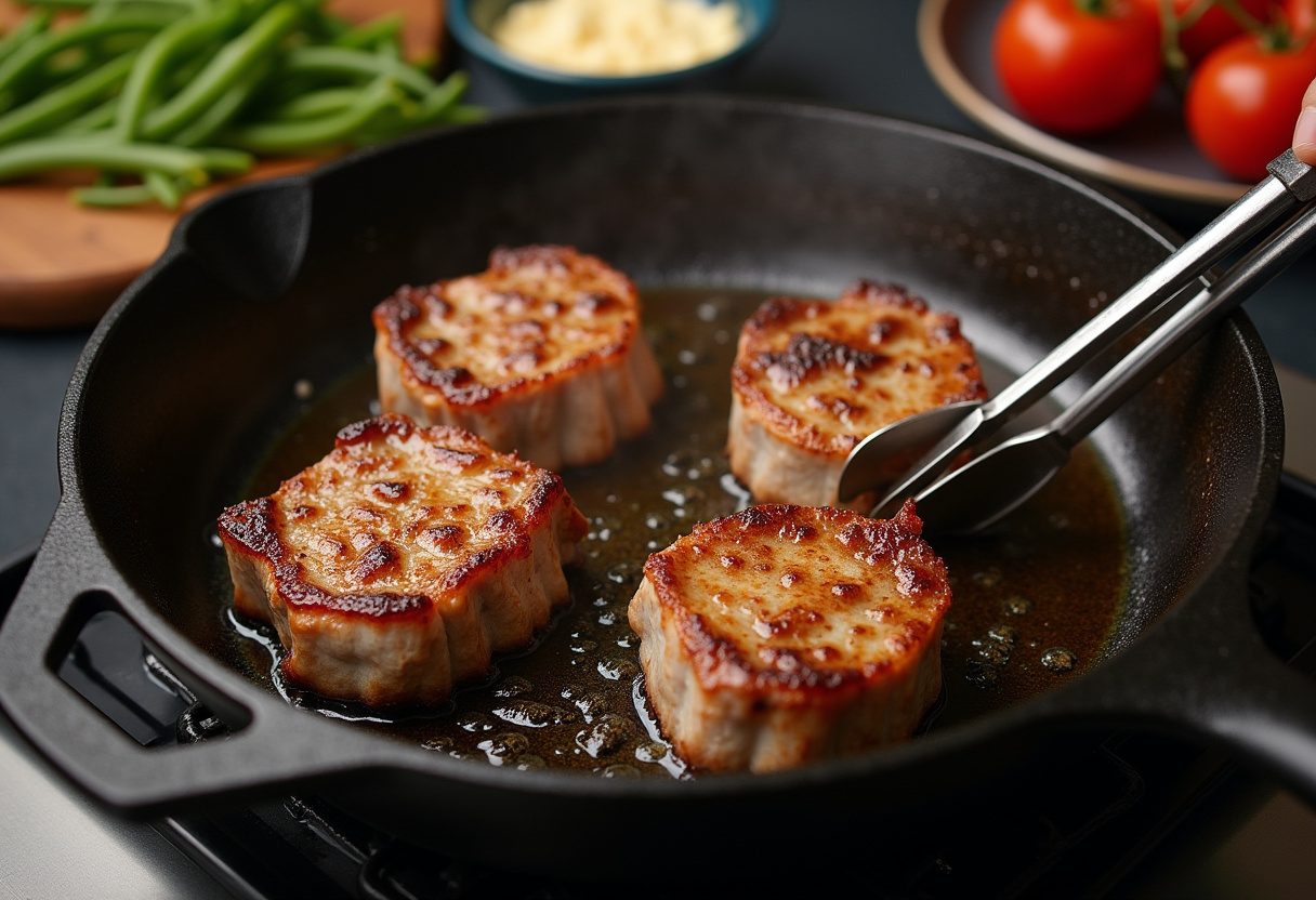 Lamb chops searing in a cast iron skillet to create a delicious crust.