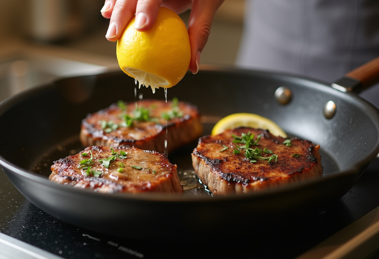 Lemon being squeezed over lamb chops for a citrusy twist on a classic dish.