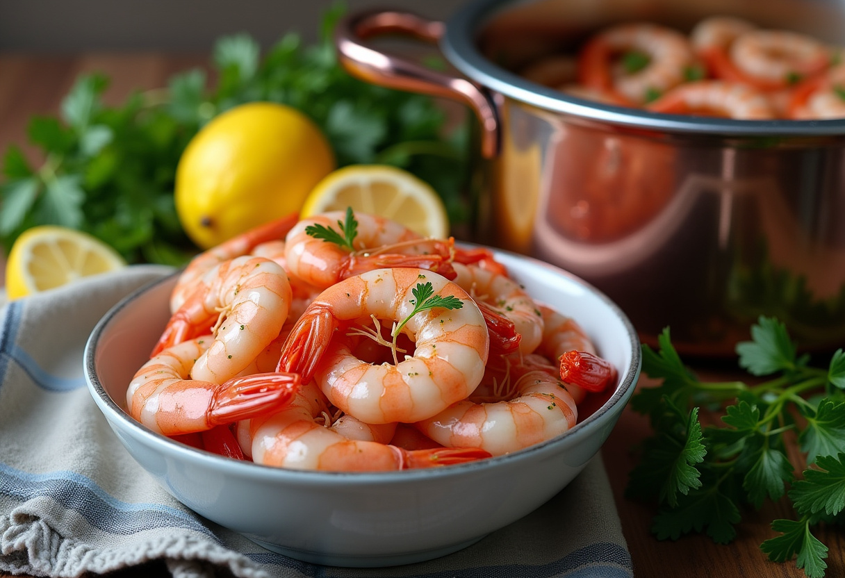 Fresh shrimp and lemon slices prepared for Lemon Shrimp Soup.