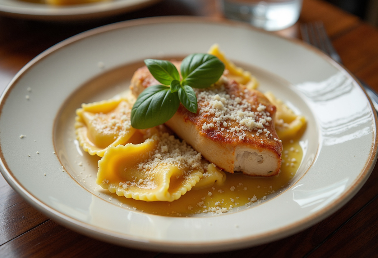 Finished Marry Me Chicken and Ravioli with creamy sauce and fresh basil, ready to serve.