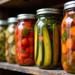 Finished jars of Mixed Pickles with colorful vegetables, ready for storage.