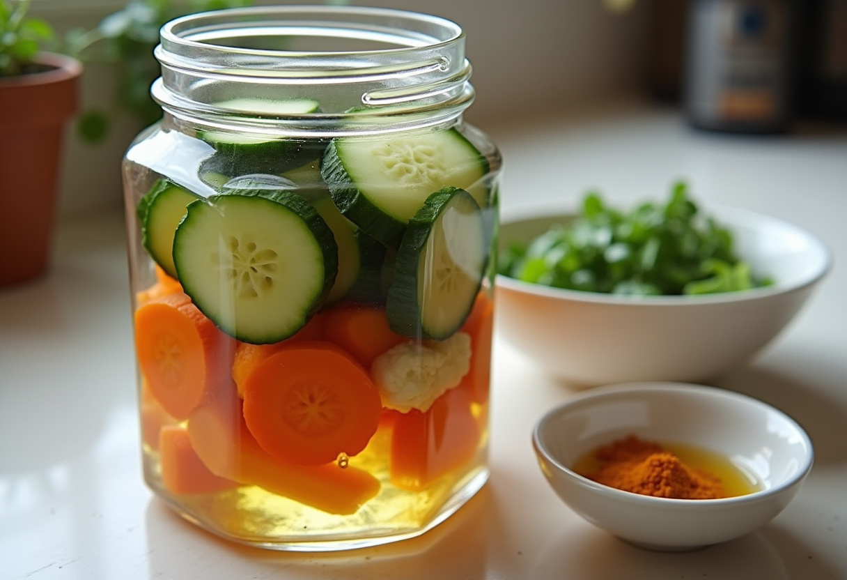 Sliced vegetables in a jar with vinegar and spices for Mixed Pickles.