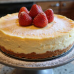 New York-Style Cheesecake 13 Delicious New York-Style Cheesecake garnished with strawberries and powdered sugar.