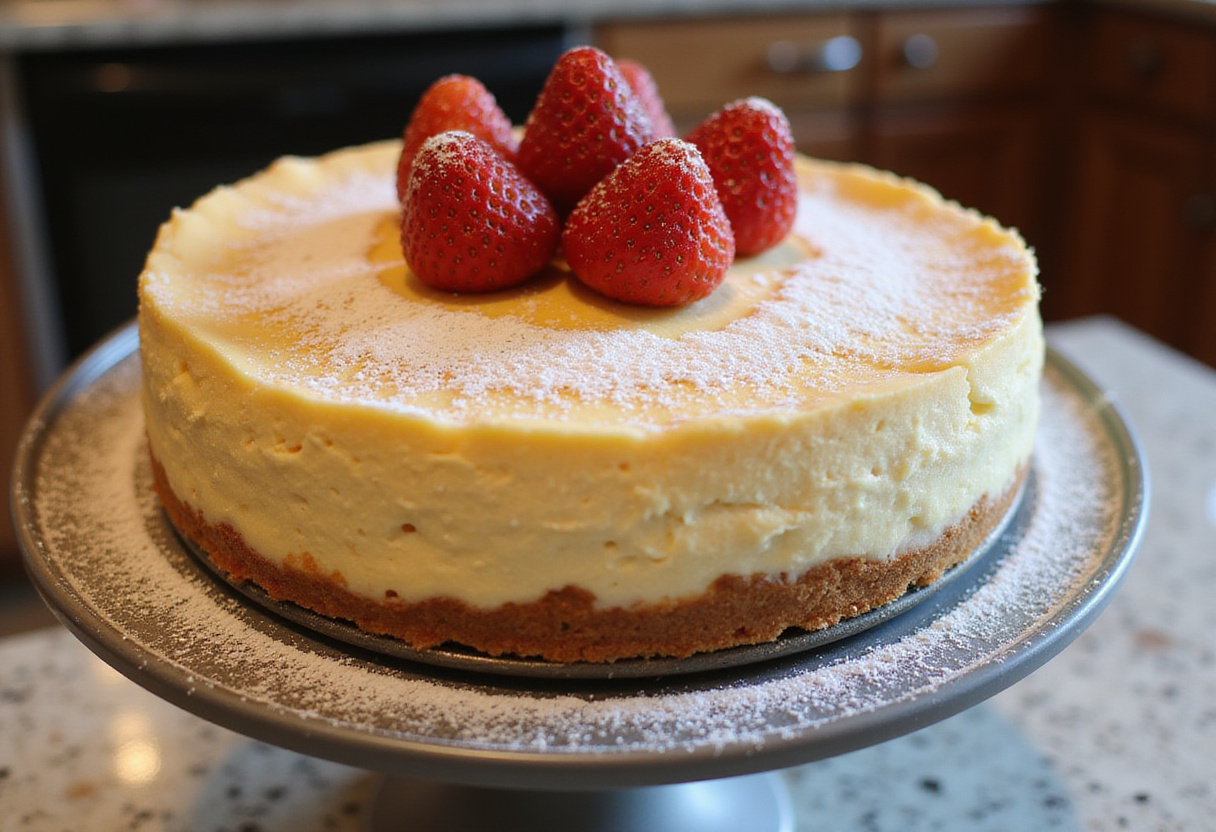 Delicious New York-Style Cheesecake garnished with strawberries and powdered sugar.