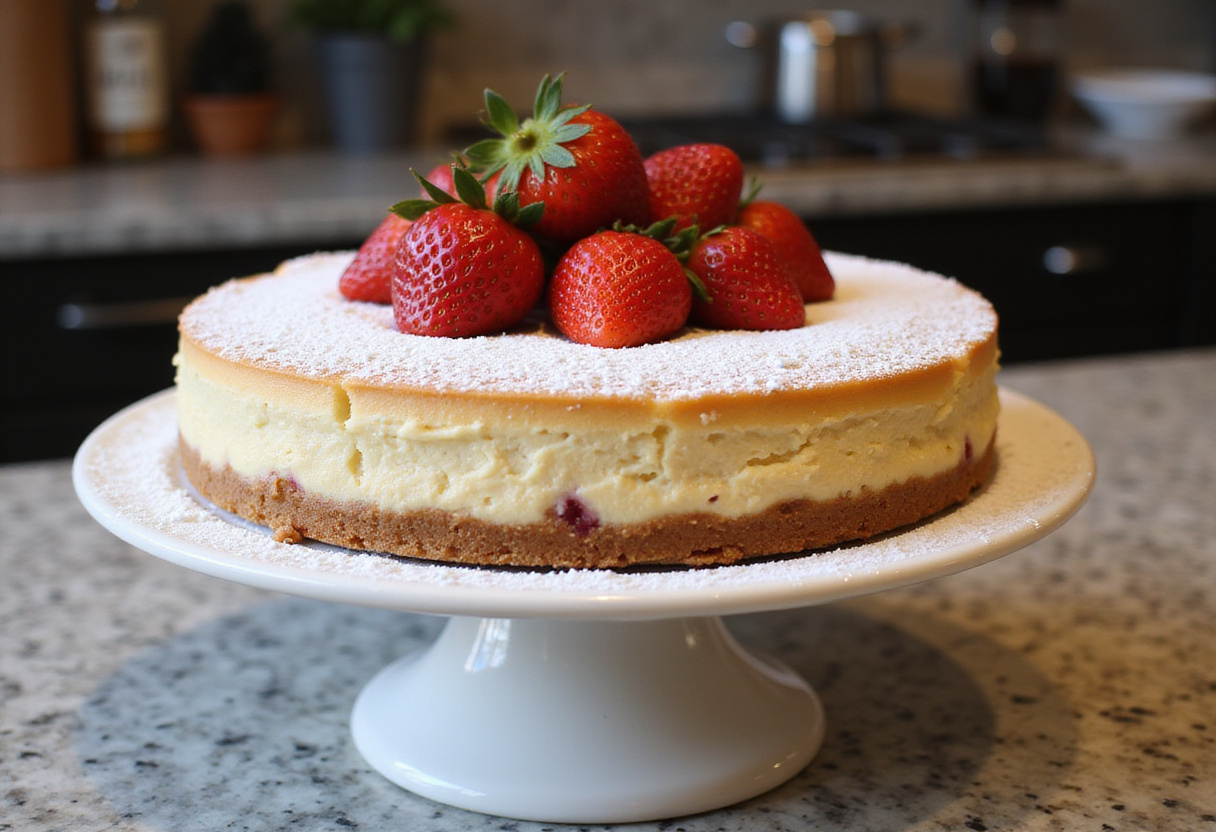 New York-Style Cheesecake 8 Delicious New York-Style Cheesecake garnished with strawberries and powdered sugar.