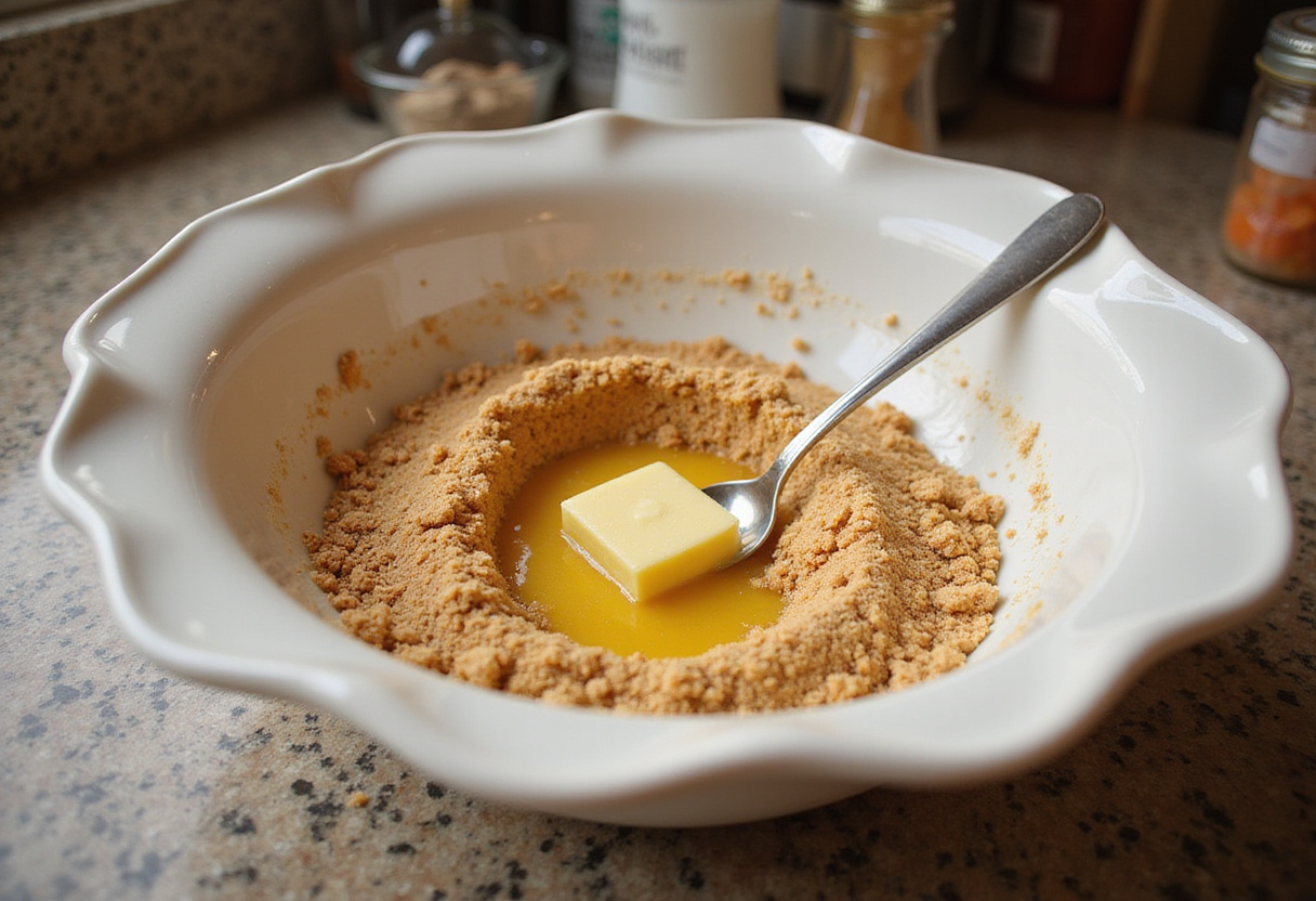 New York-Style Cheesecake 9 Graham cracker crumbs and melted butter being mixed for New York-Style Cheesecake crust.