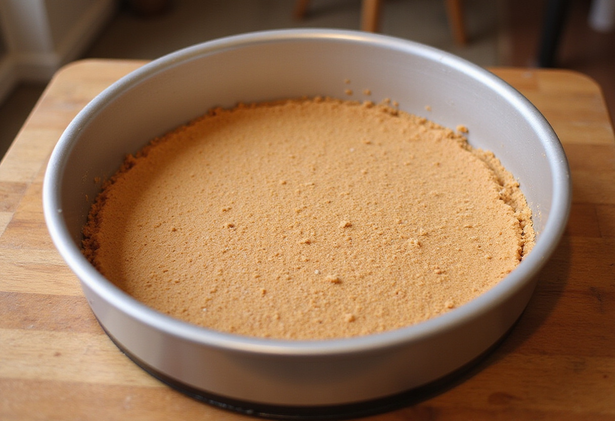 New York-Style Cheesecake 10 Graham cracker crust pressed into a springform pan for New York-Style Cheesecake.