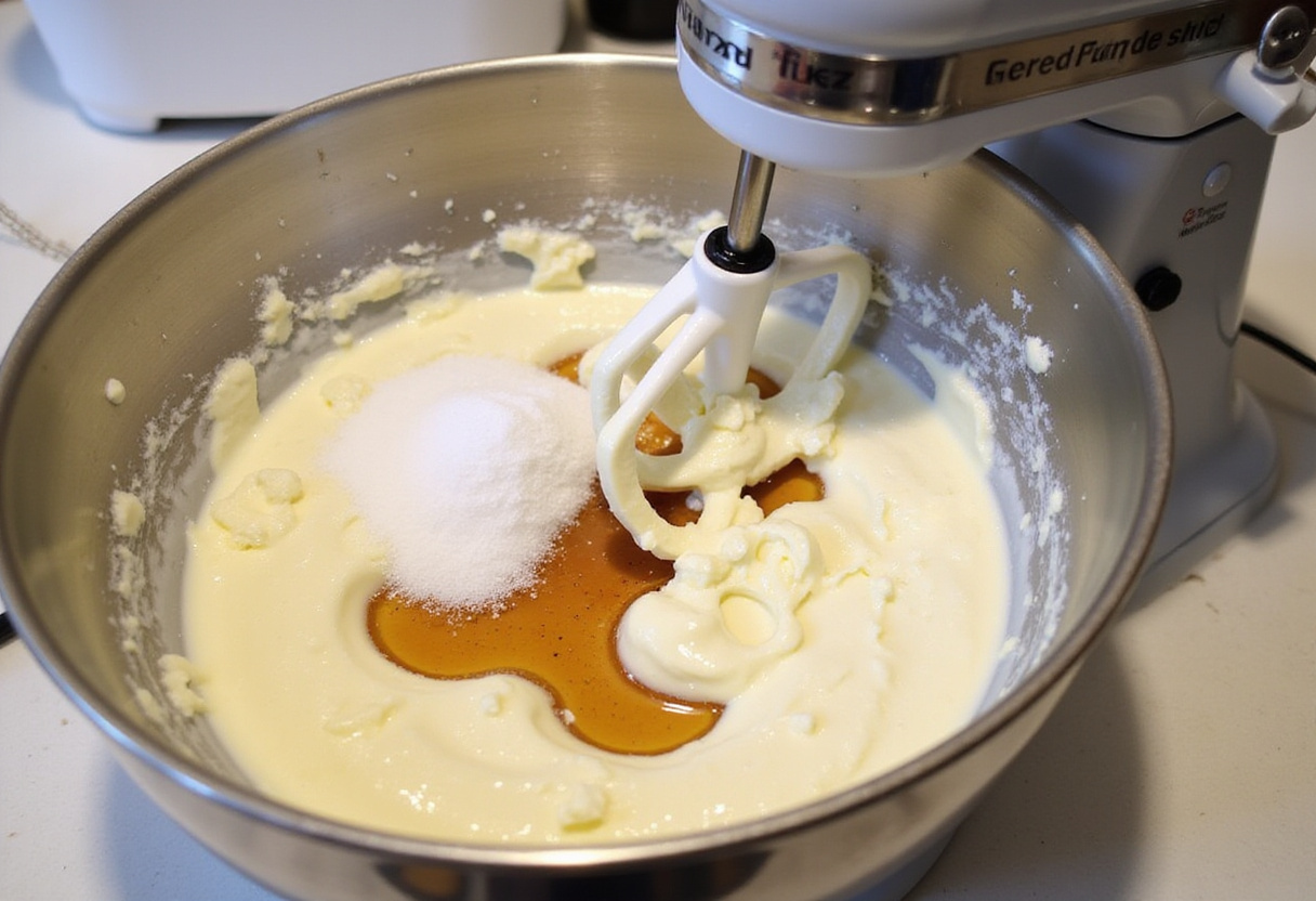 New York-Style Cheesecake 11 Cream cheese, sugar, and vanilla extract being mixed for New York-Style Cheesecake filling.