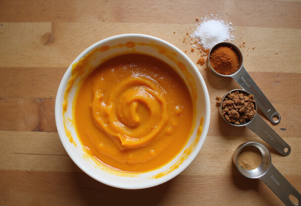 Preparing pumpkin puree and spices for a homemade Pumpkin Spice Loaf Cake.
