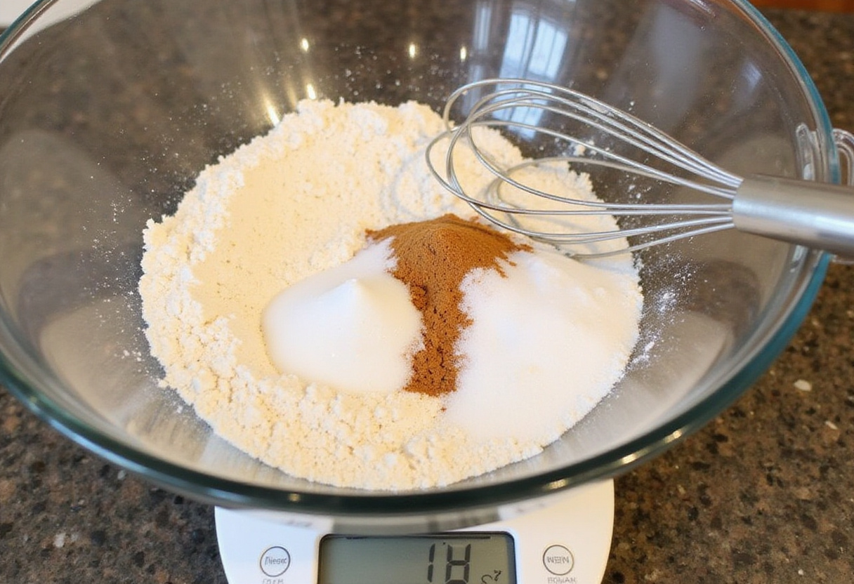 Dry ingredients being measured for a Pumpkin Spice Loaf Cake recipe.