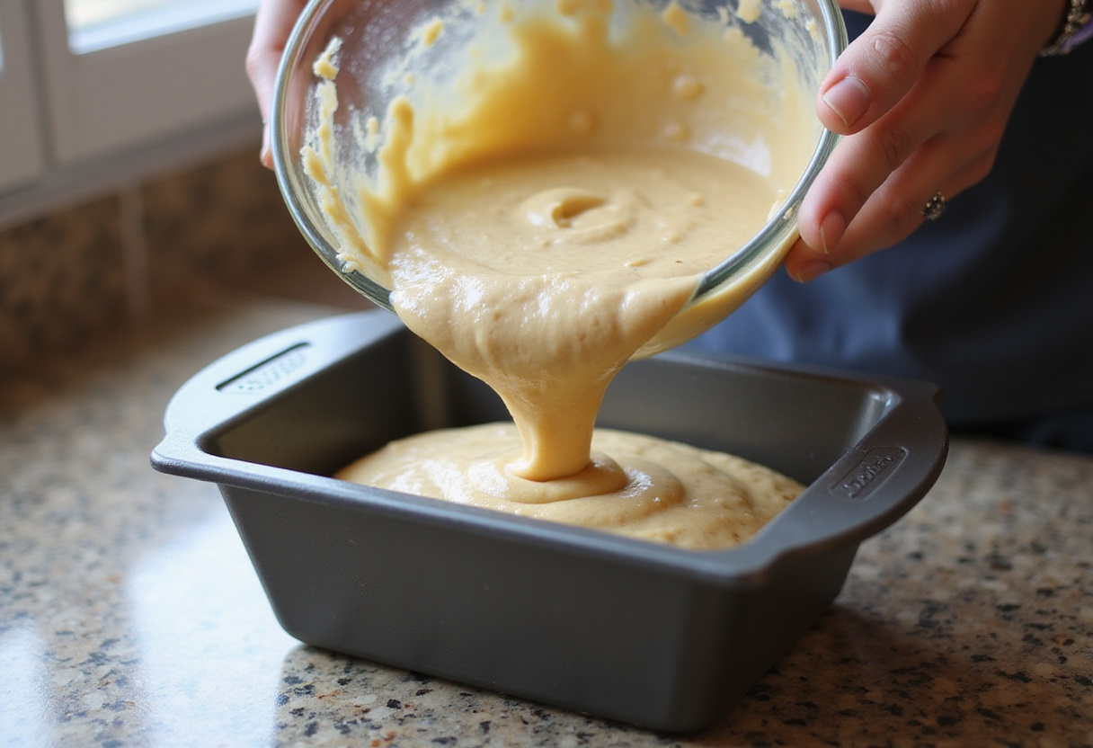 Pouring batter into a loaf pan to bake a Pumpkin Spice Loaf Cake.