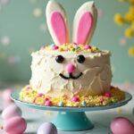 Finished Easter Bunny Cake decorated with frosting and sprinkles, perfect for Easter celebrations.