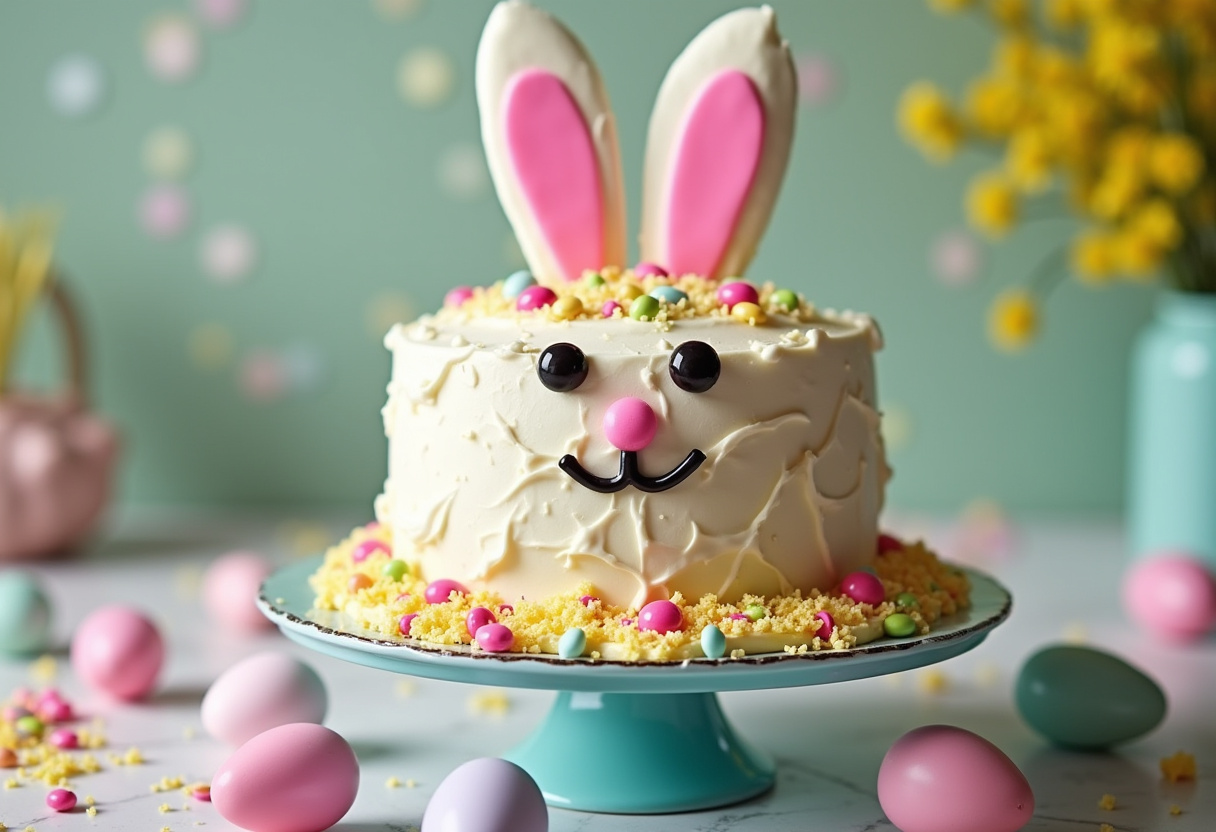 Finished Easter Bunny Cake decorated with frosting and sprinkles, perfect for Easter celebrations.