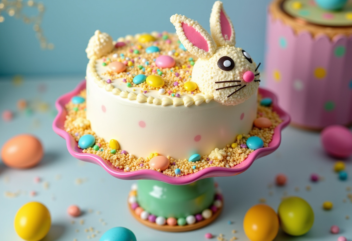 Finished Easter Bunny Cake decorated with frosting and sprinkles, perfect for Easter celebrations.