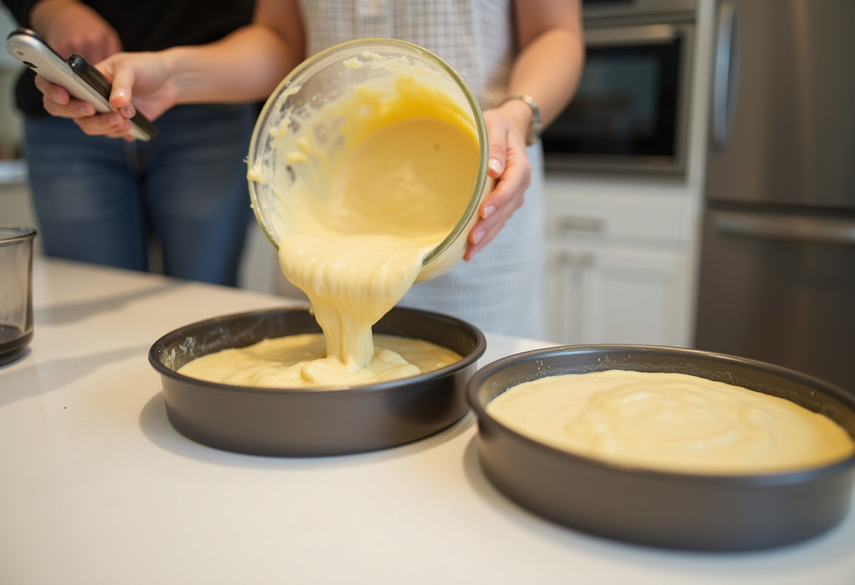 Pouring cake batter into round cake pans for Easter Bunny Cake.