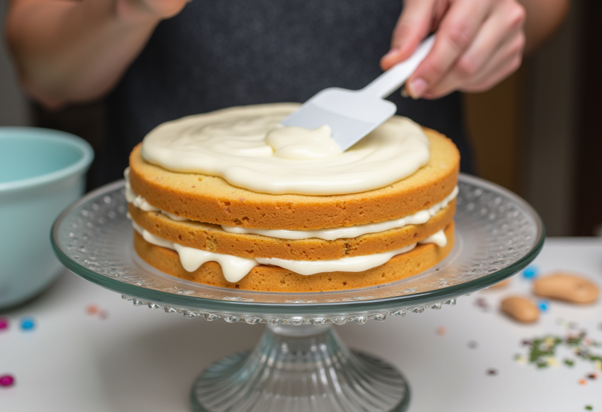 Icing being applied to cake layers to make Easter Bunny Cake.
