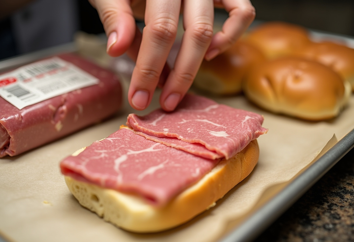 Thinly sliced roast beef heating in au jus for Quick French Dip Sliders.