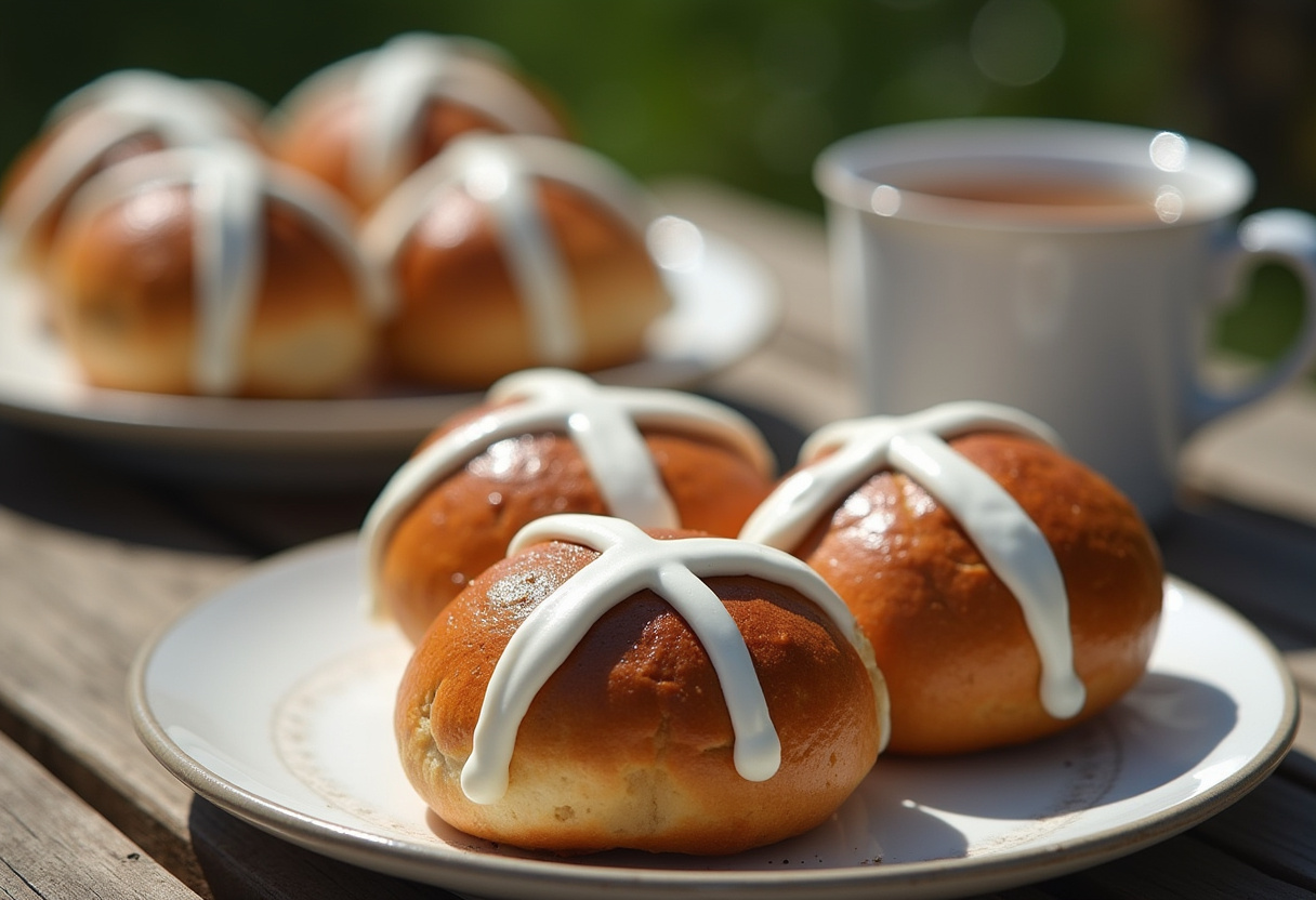 Freshly baked Quick Hot Cross Buns with icing crosses served with tea.