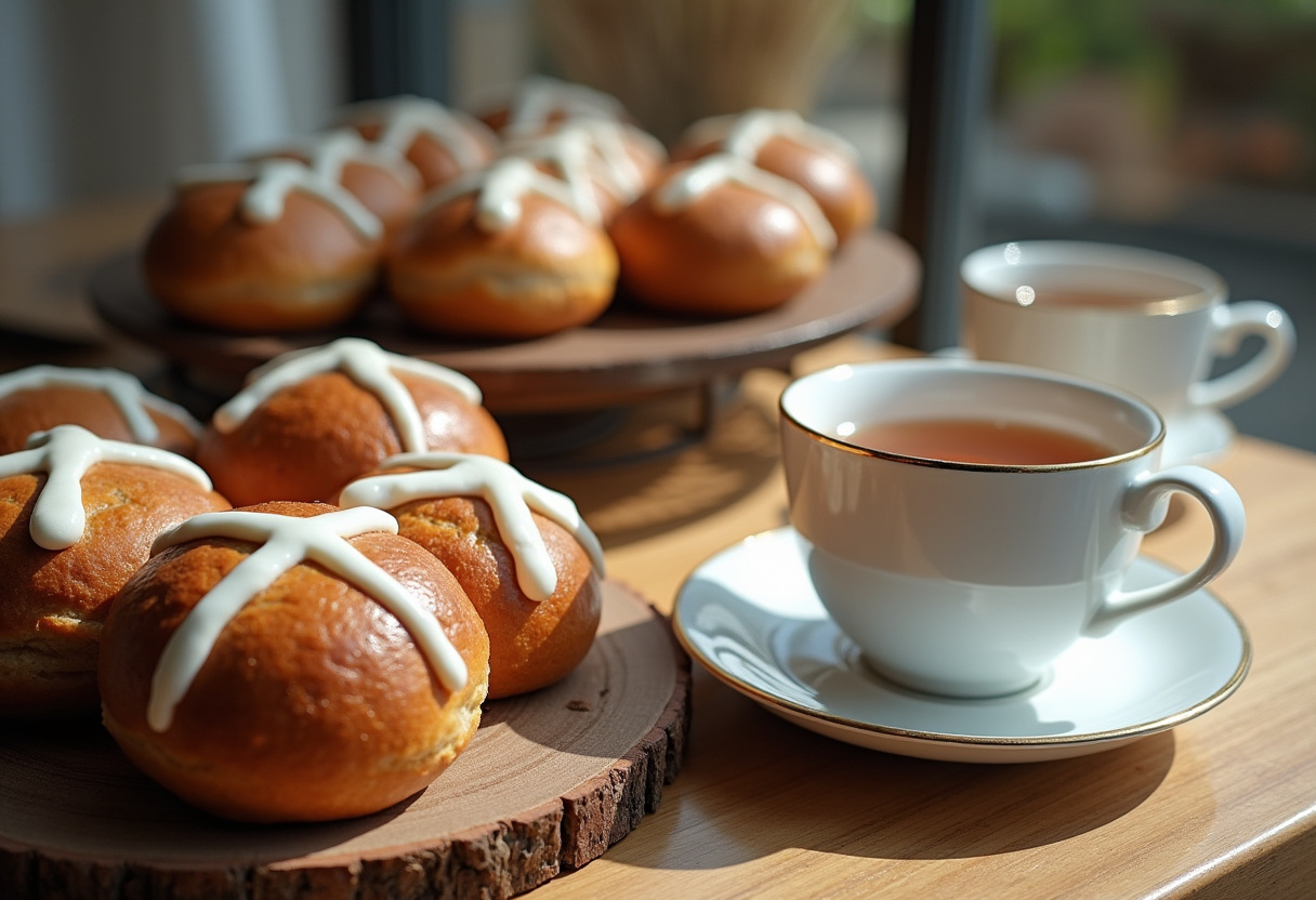 Freshly baked Quick Hot Cross Buns with icing crosses served with tea.