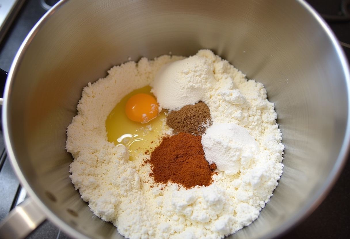Dry ingredients being prepared in a mixing bowl for Quick Hot Cross Buns.