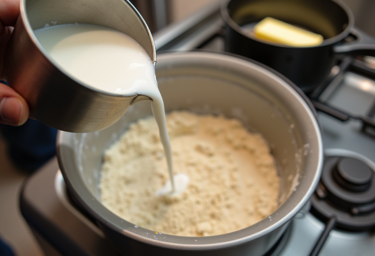 Warm milk being added to dry ingredients for Quick Hot Cross Buns recipe.