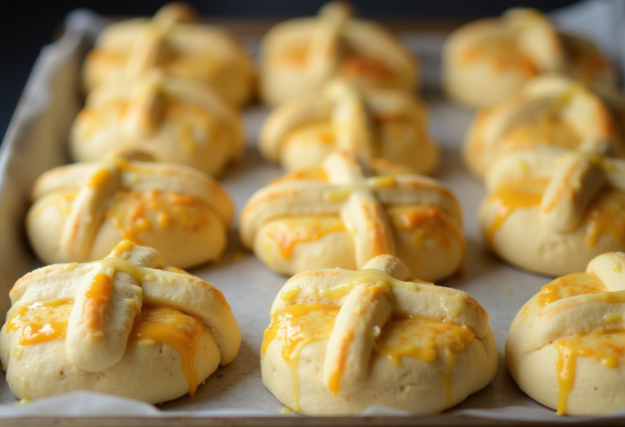 Hot cross buns brushed with egg wash before baking.