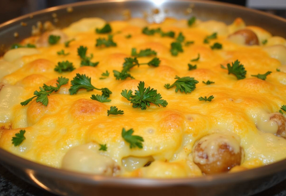 Golden-brown Quick Scalloped Potatoes with melted cheese, perfect for a side dish.
