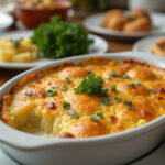 Golden-brown Scalloped Potatoes with melted cheese, perfect for Easter dinner.