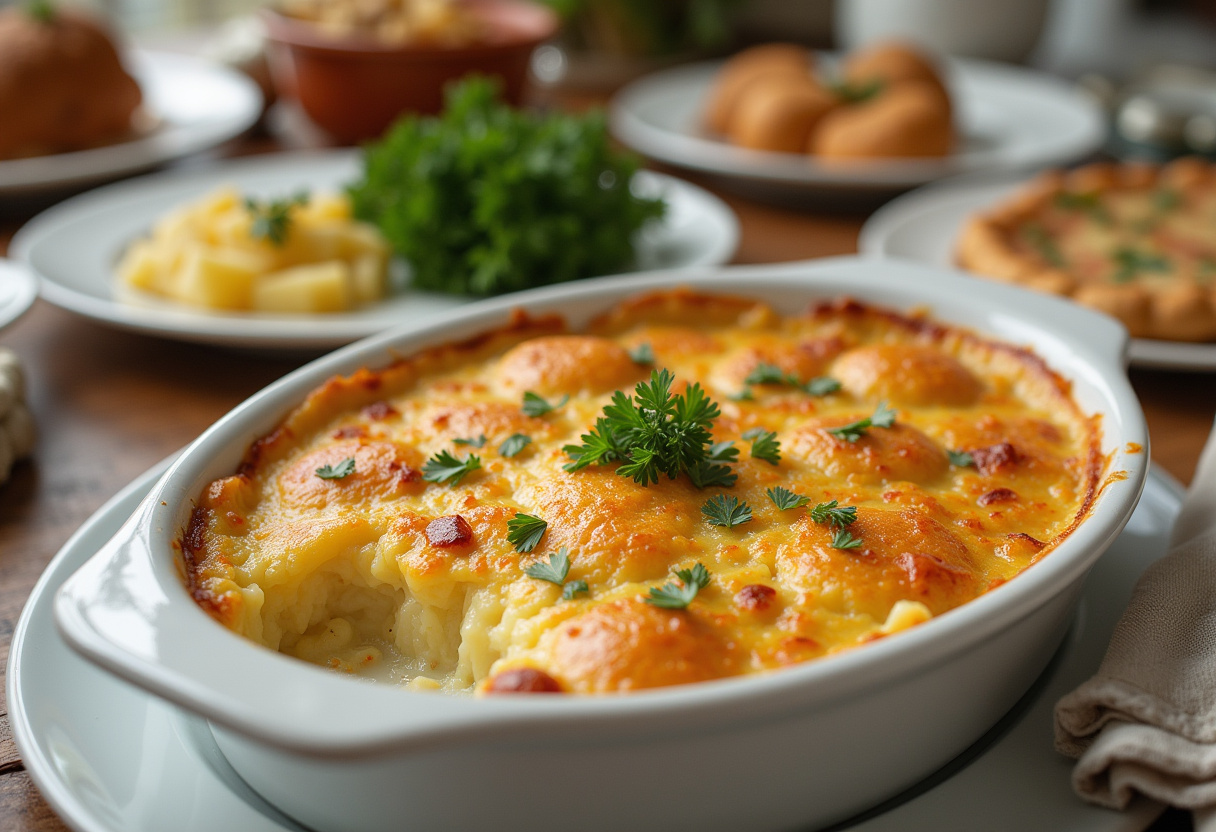 Golden-brown Scalloped Potatoes with melted cheese, perfect for Easter dinner.