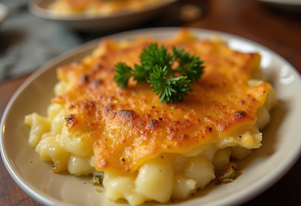 Golden and cheesy Scalloped Potatoes with a Twist, garnished with parsley, ready to serve.