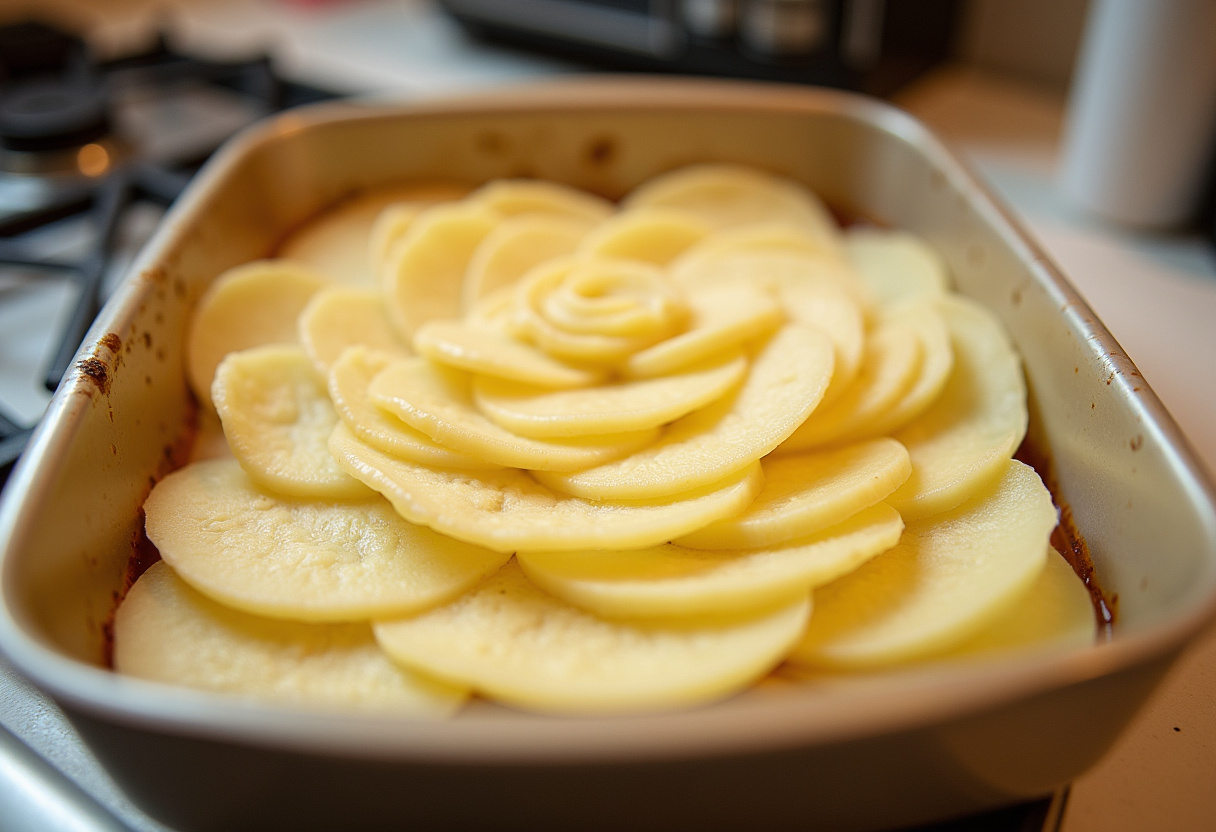 Thinly sliced potatoes arranged in a baking dish for Scalloped Potatoes with a Twist.