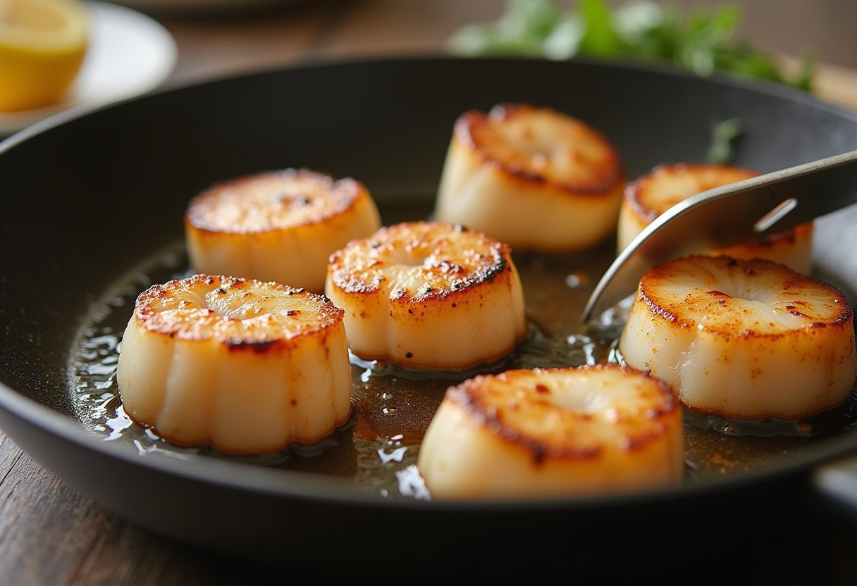 Scallops being flipped in the skillet for even searing.