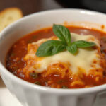 Simple Slow Cooker Lasagna Soup Recipe 13 Delicious Simple Slow Cooker Lasagna Soup with cheese and basil, ready to serve.