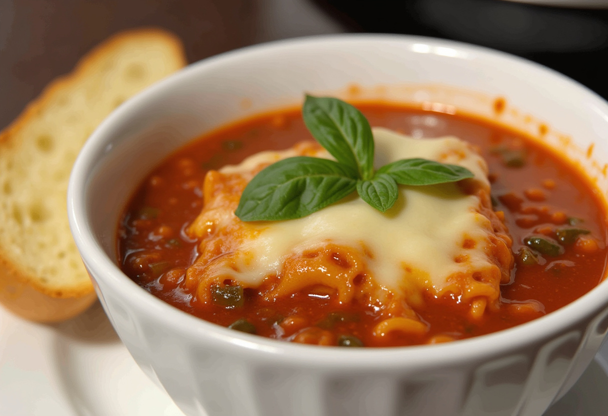 Delicious Simple Slow Cooker Lasagna Soup with cheese and basil, ready to serve.