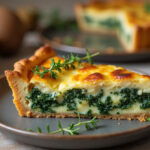 Delicious slice of Spinach Quiche with a Twist, garnished with thyme, ready to eat.