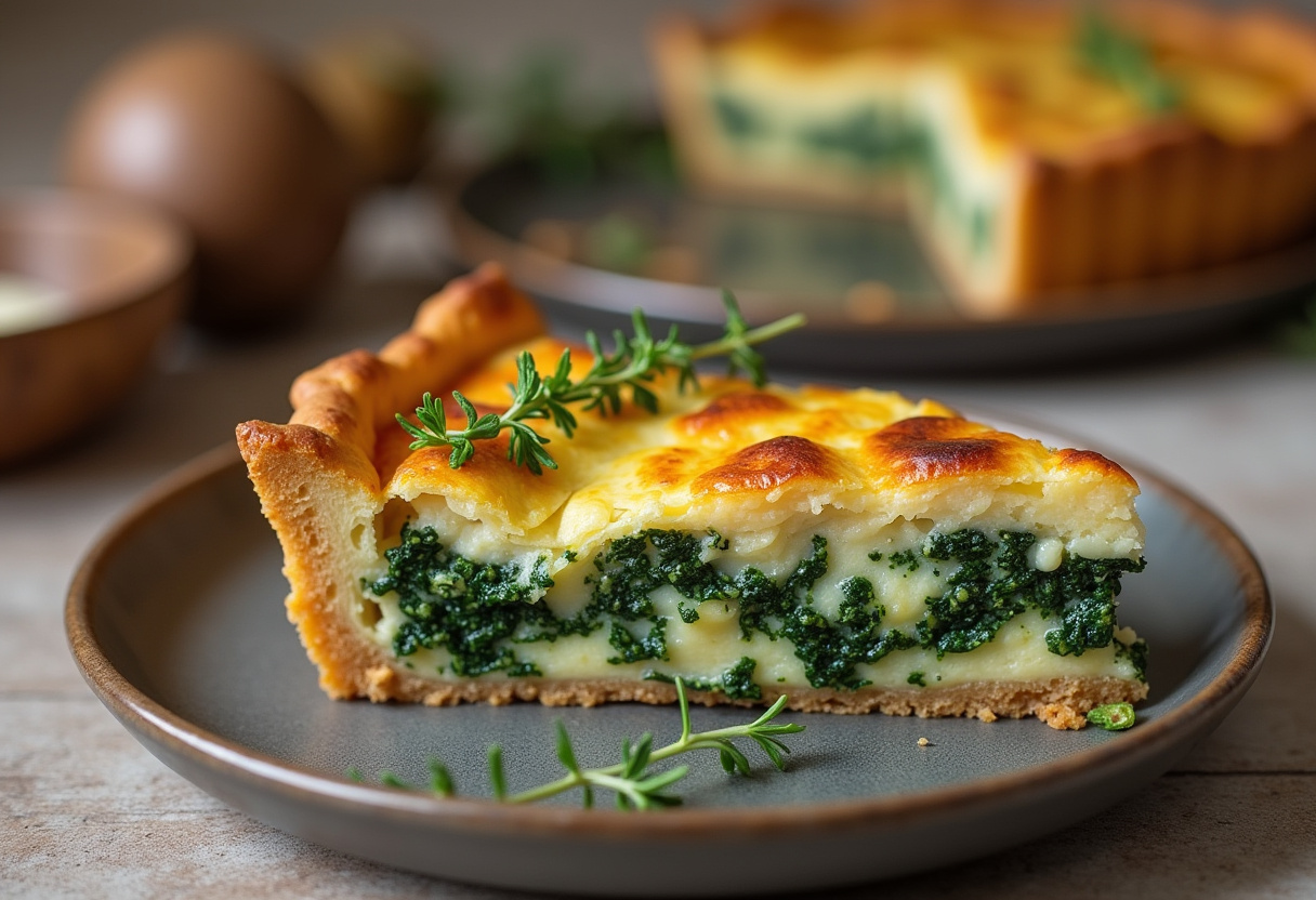 Delicious slice of Spinach Quiche with a Twist, garnished with thyme, ready to eat.