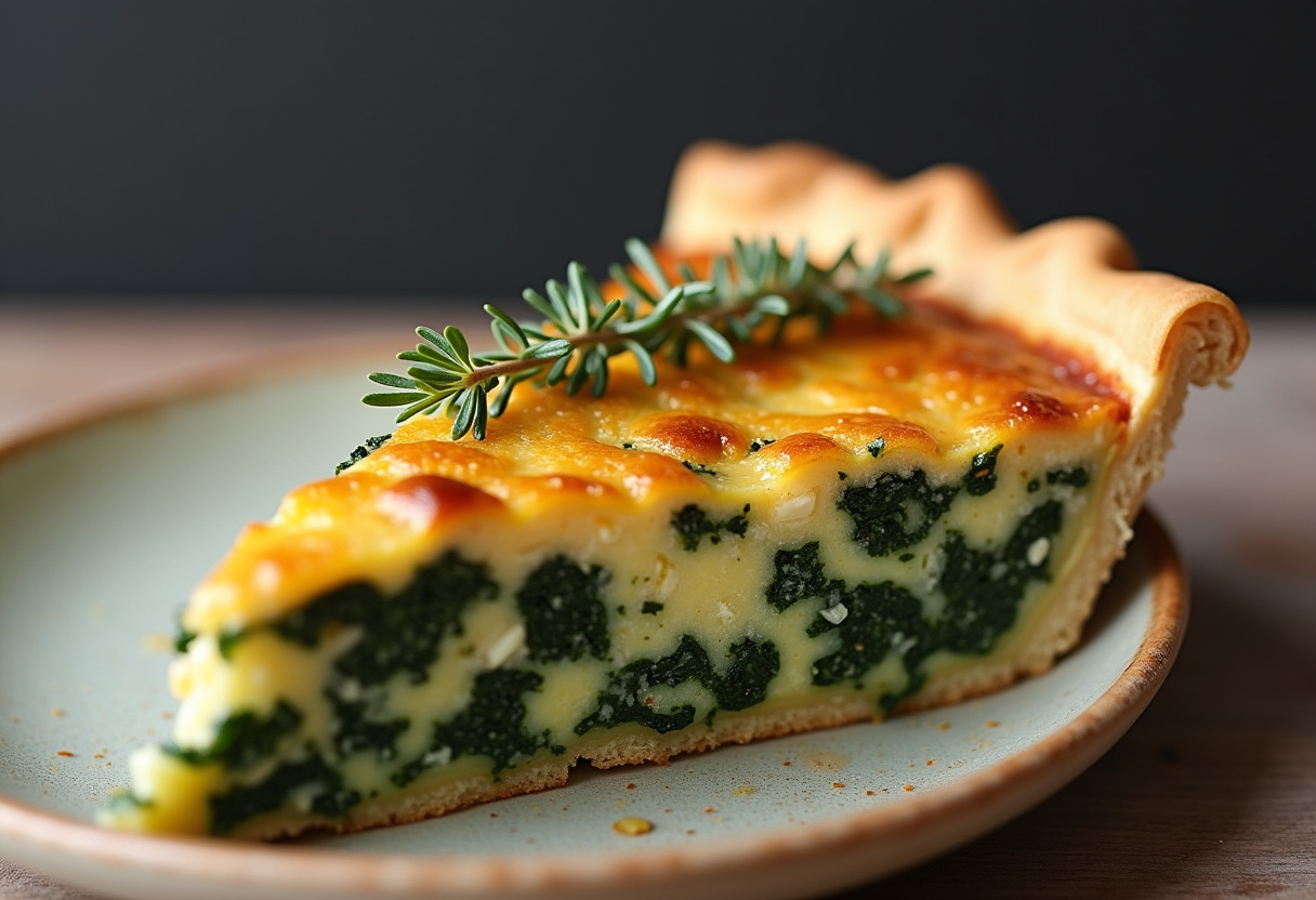Delicious slice of Spinach Quiche with a Twist, garnished with thyme, ready to eat.